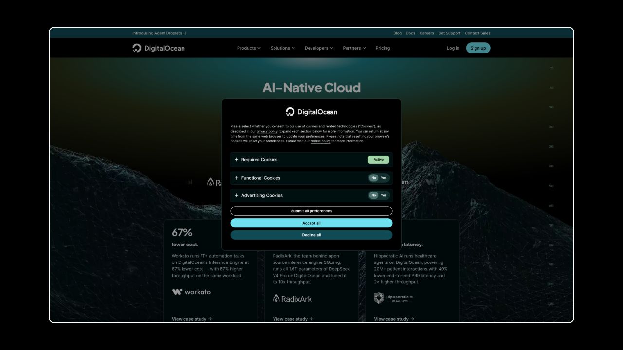 Homepage of DigitalOcean