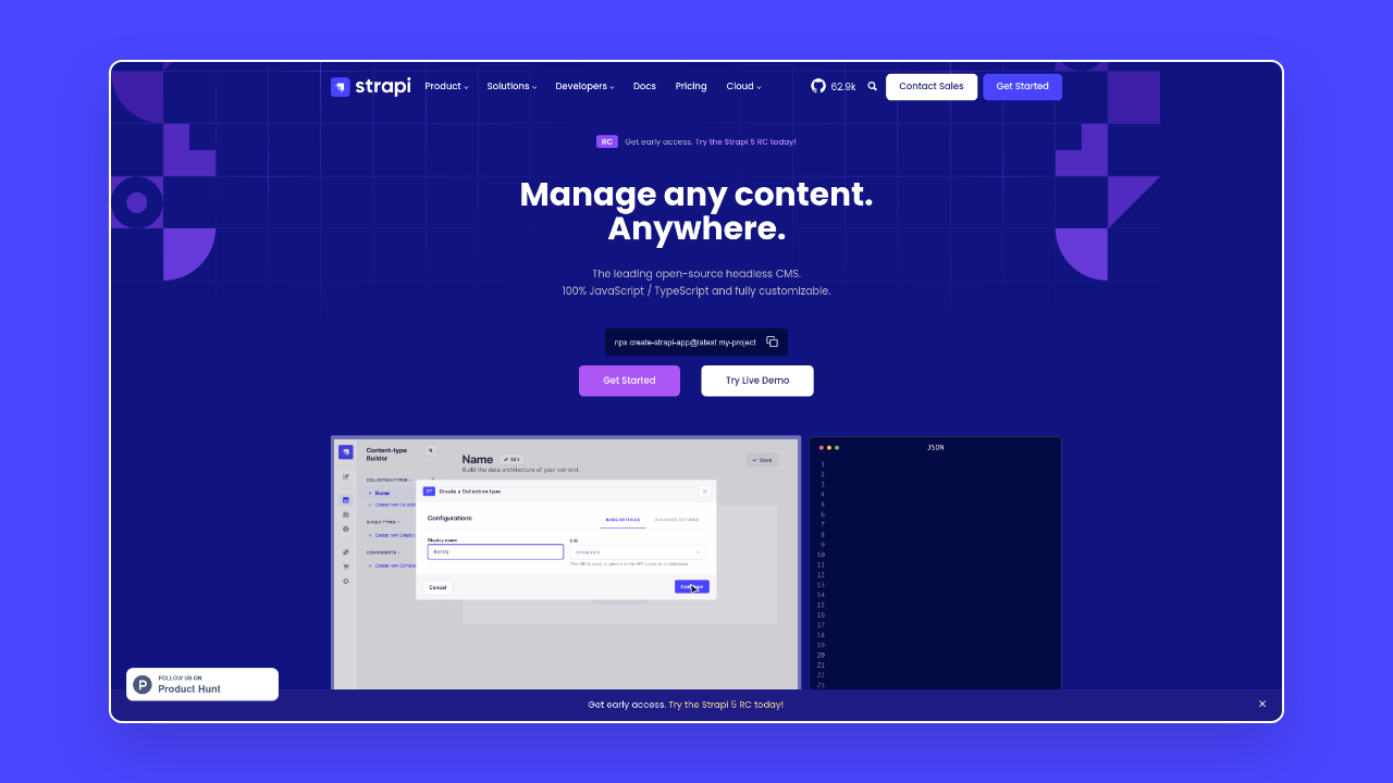 Homepage of Strapi