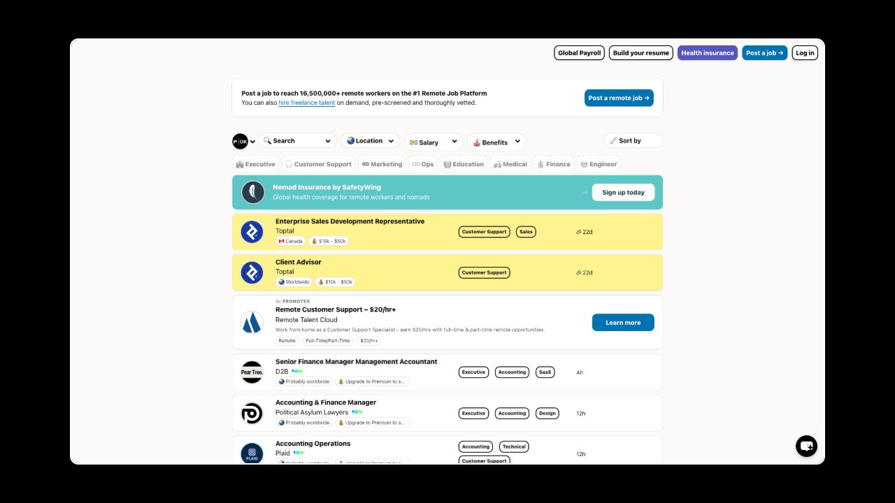 Homepage of Remote OK