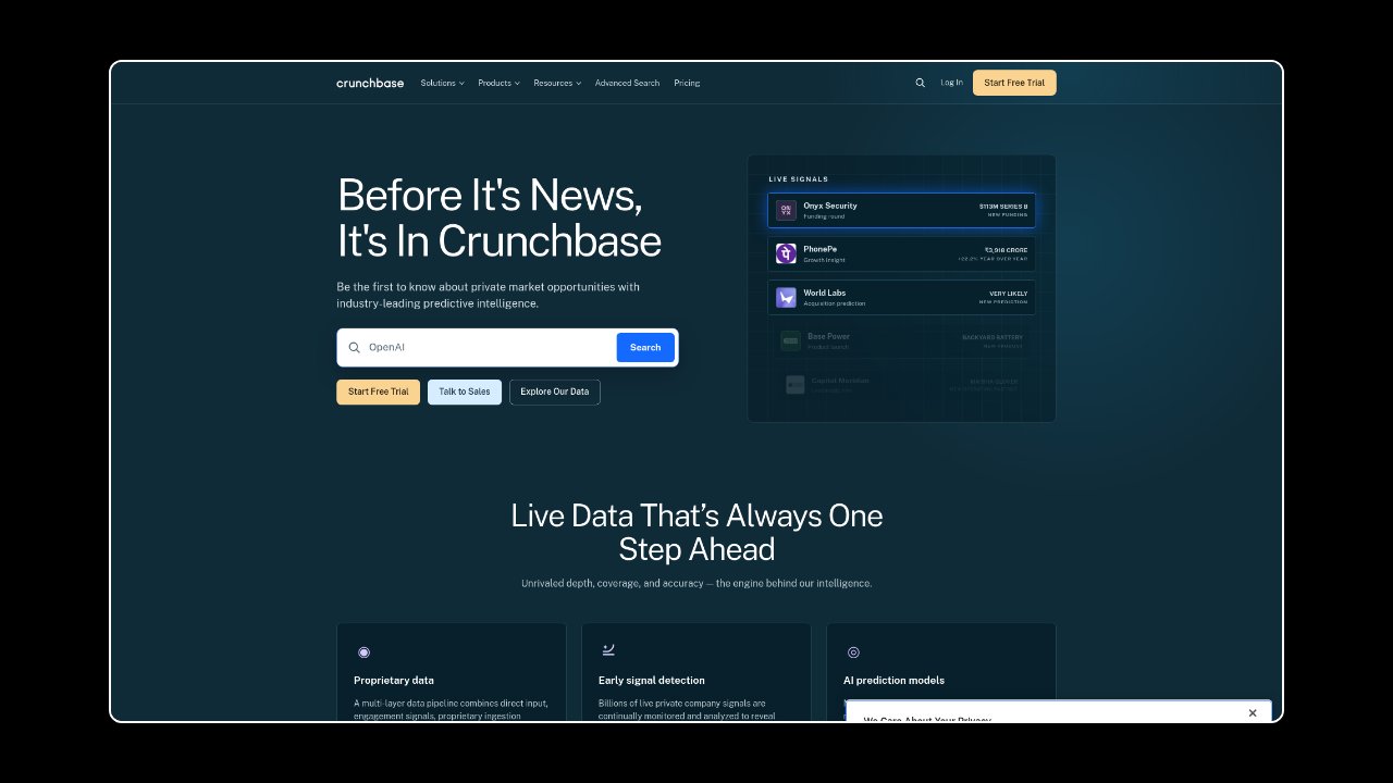 Homepage of Crunchbase