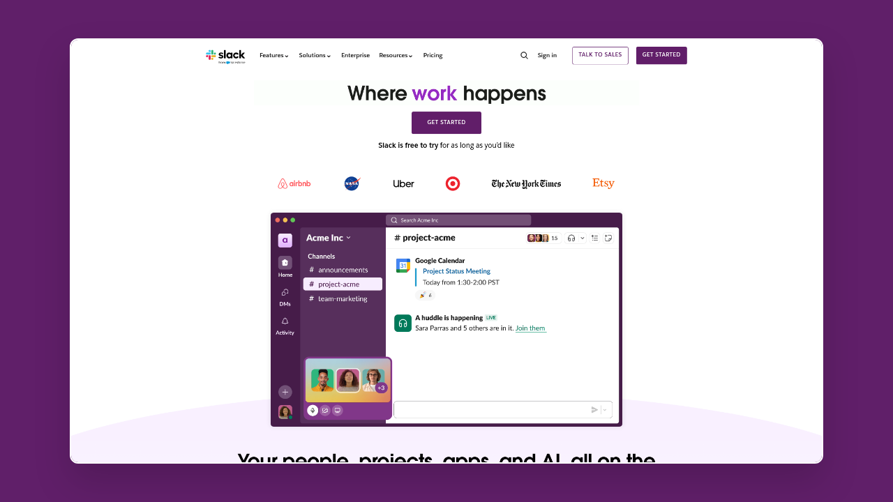 Homepage of Slack