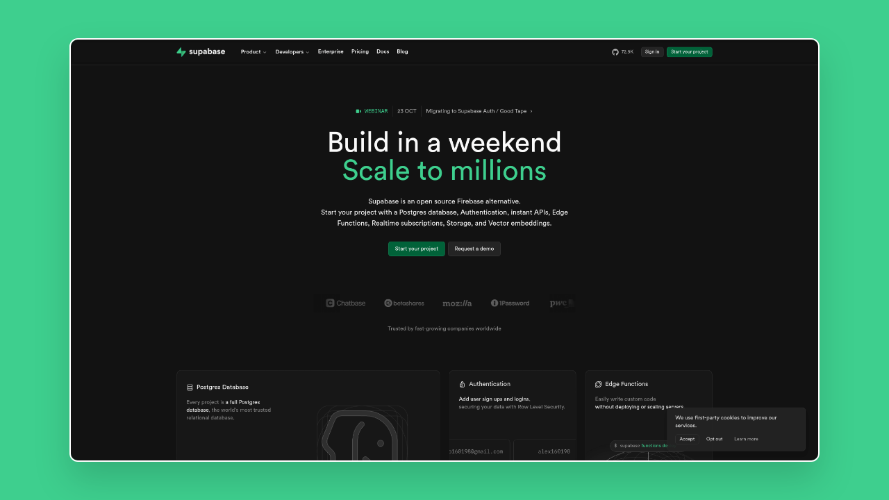 Homepage of Supabase