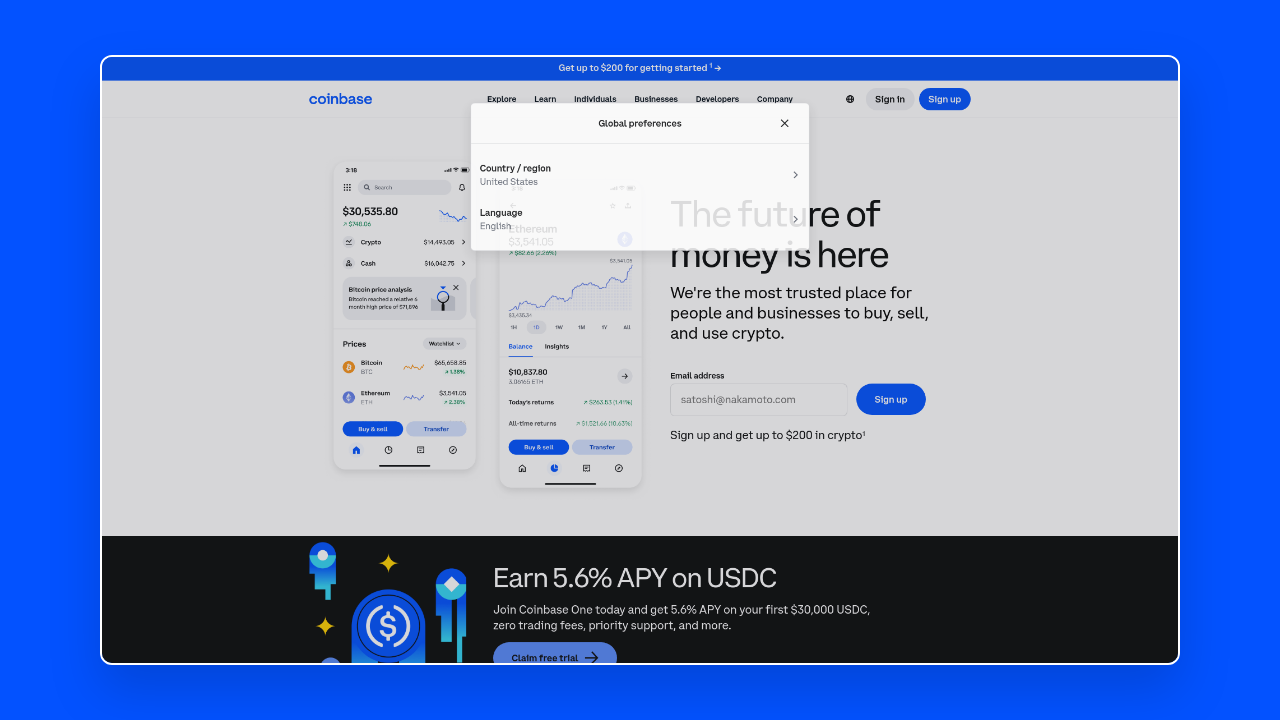 Homepage of Coinbase