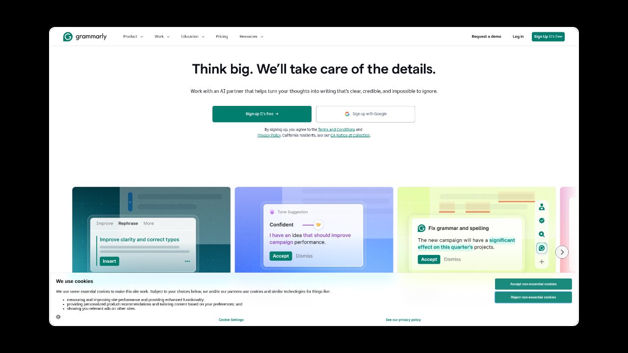 Homepage of Grammarly