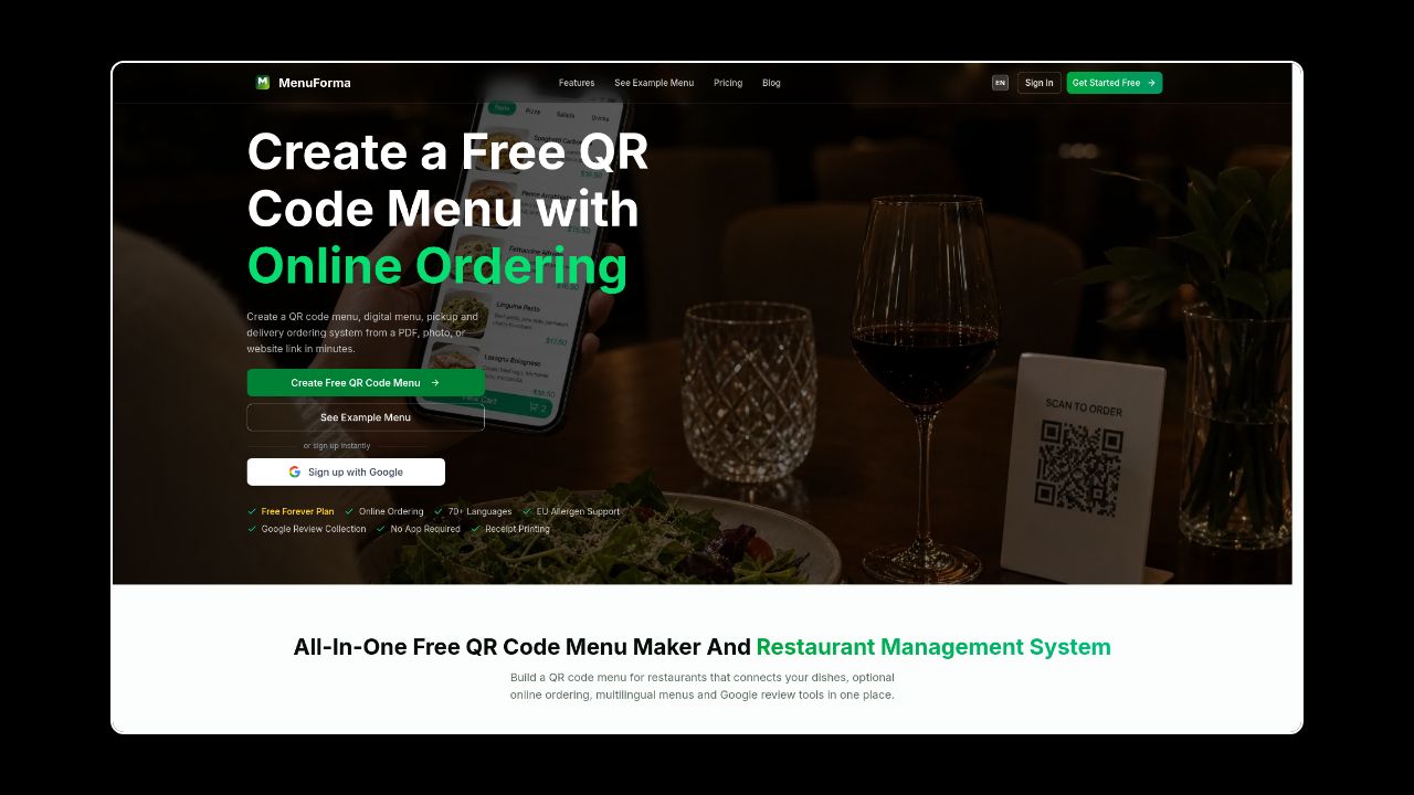 Homepage of MenuForma