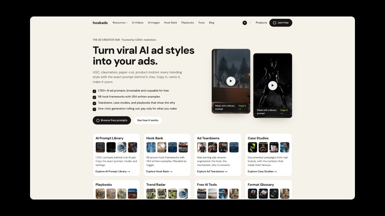 Homepage of HookAds
