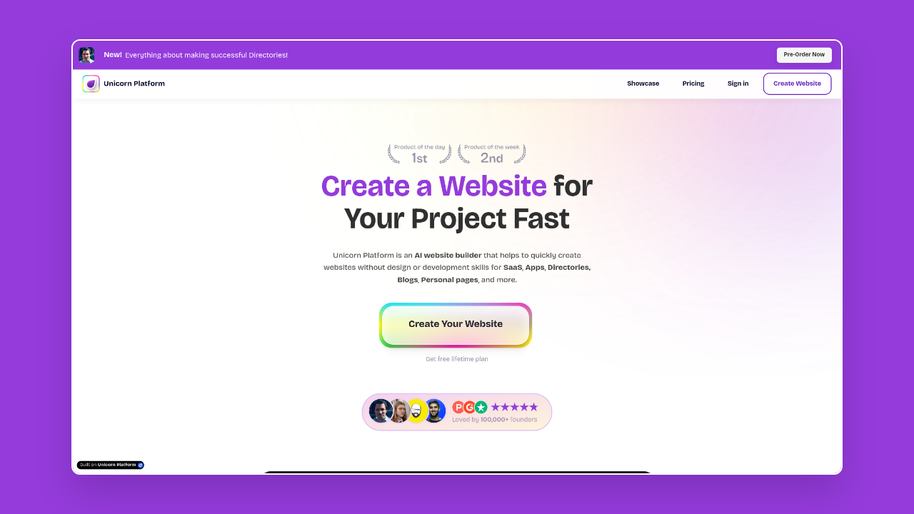 Homepage of Unicorn Platform