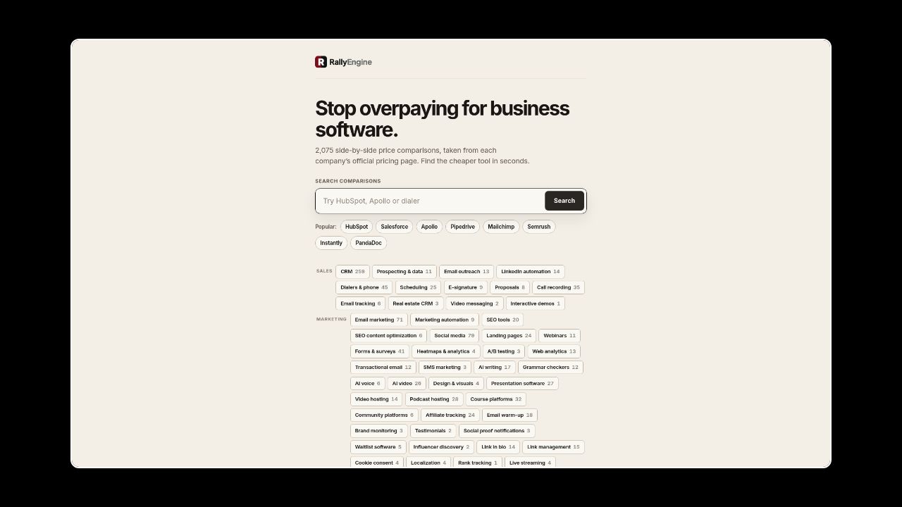 Homepage of RallyEngine