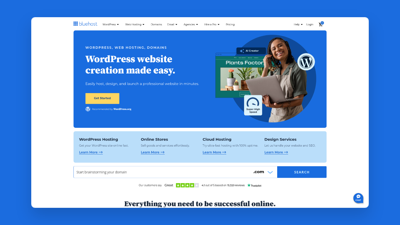 Homepage of Bluehost