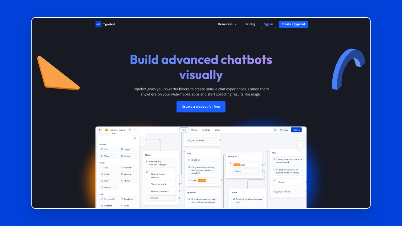 Homepage of Typebot