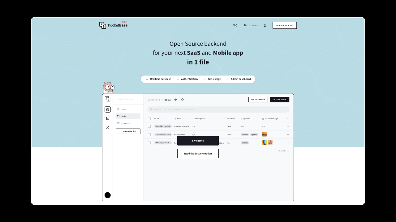 Homepage of PocketBase