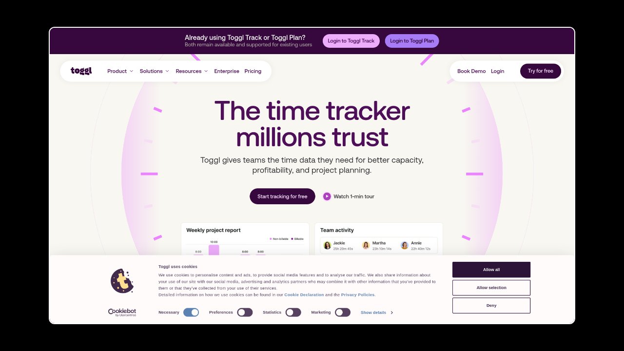 Homepage of Toggl