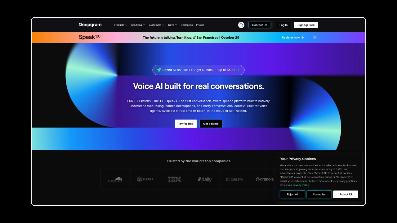 Homepage of Deepgram