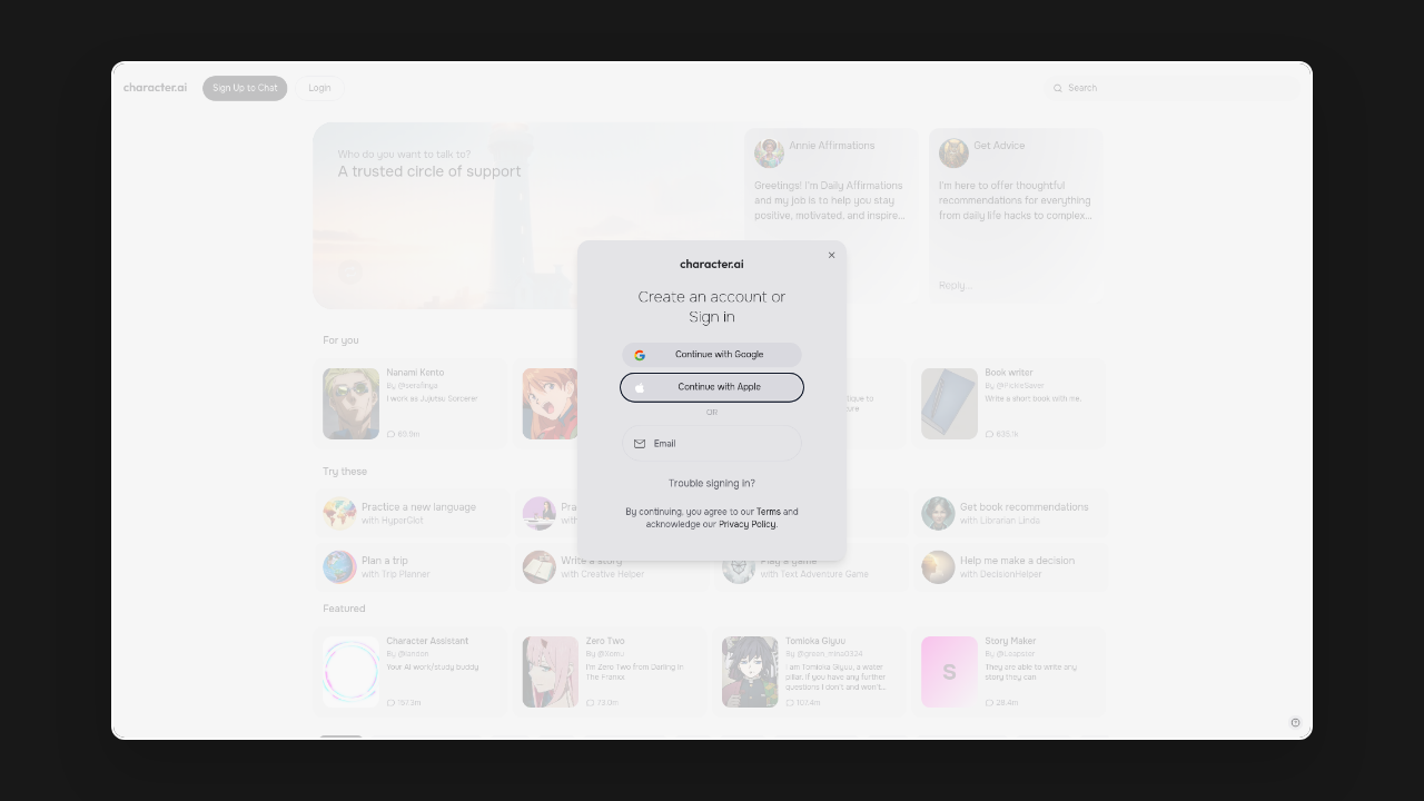 Homepage of character.ai
