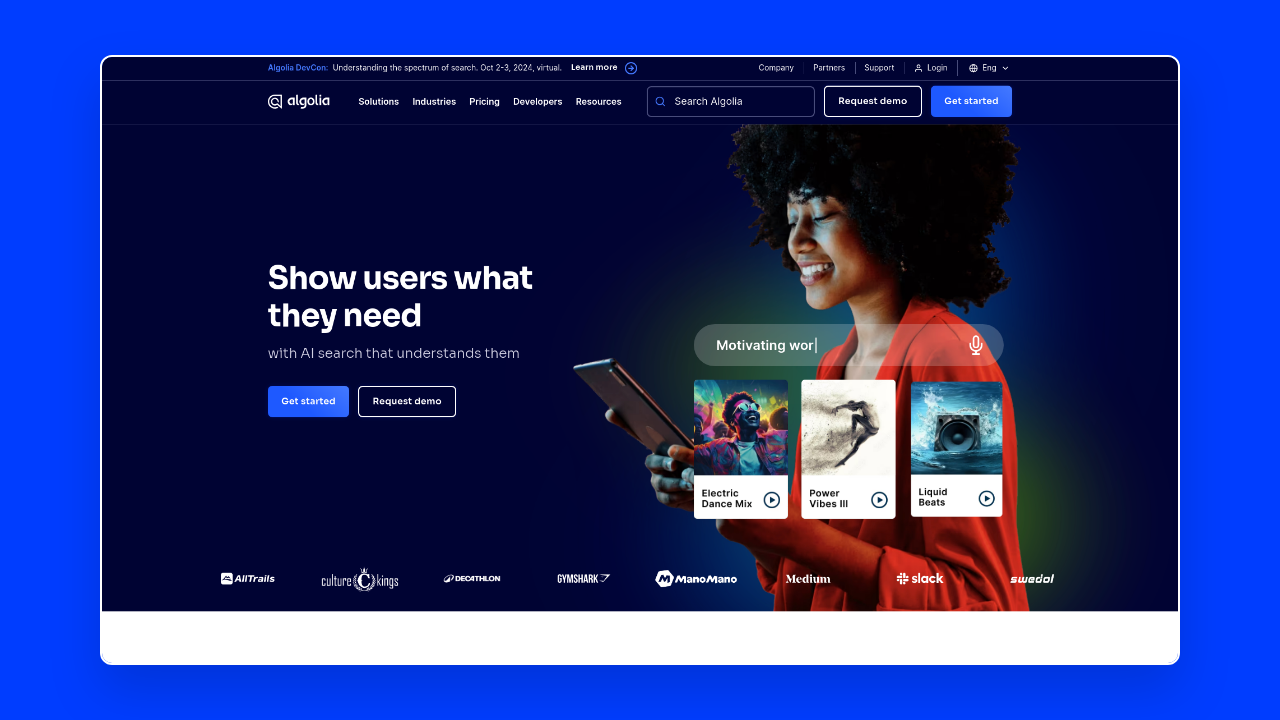 Homepage of Algolia