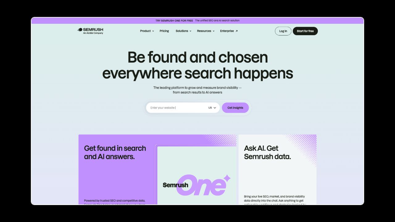 Homepage of Semrush