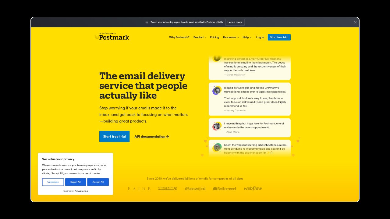 Homepage of Postmark