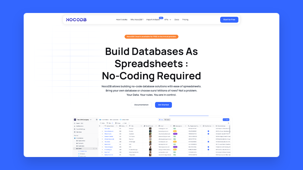 Homepage of NocoDB