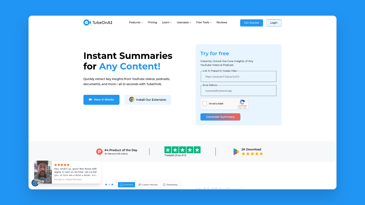 Homepage of TubeOnAI