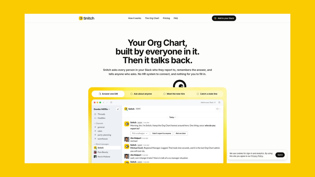 Homepage of Snitch for Slack