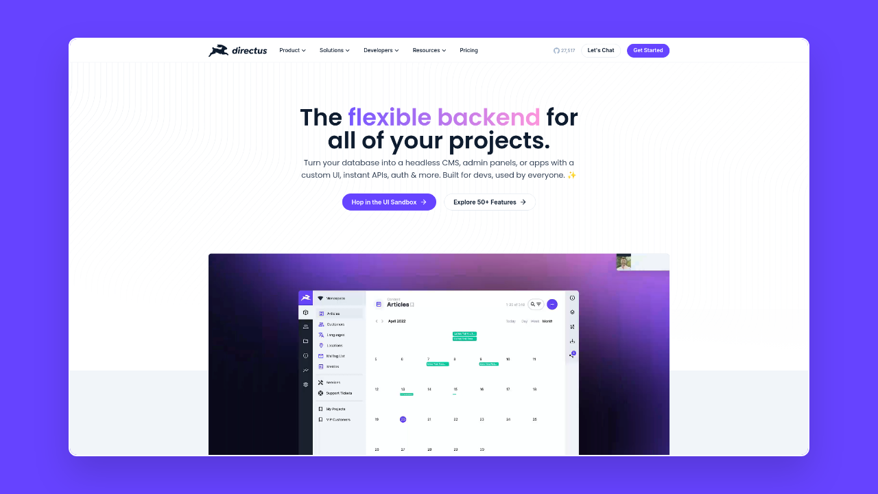 Homepage of Directus