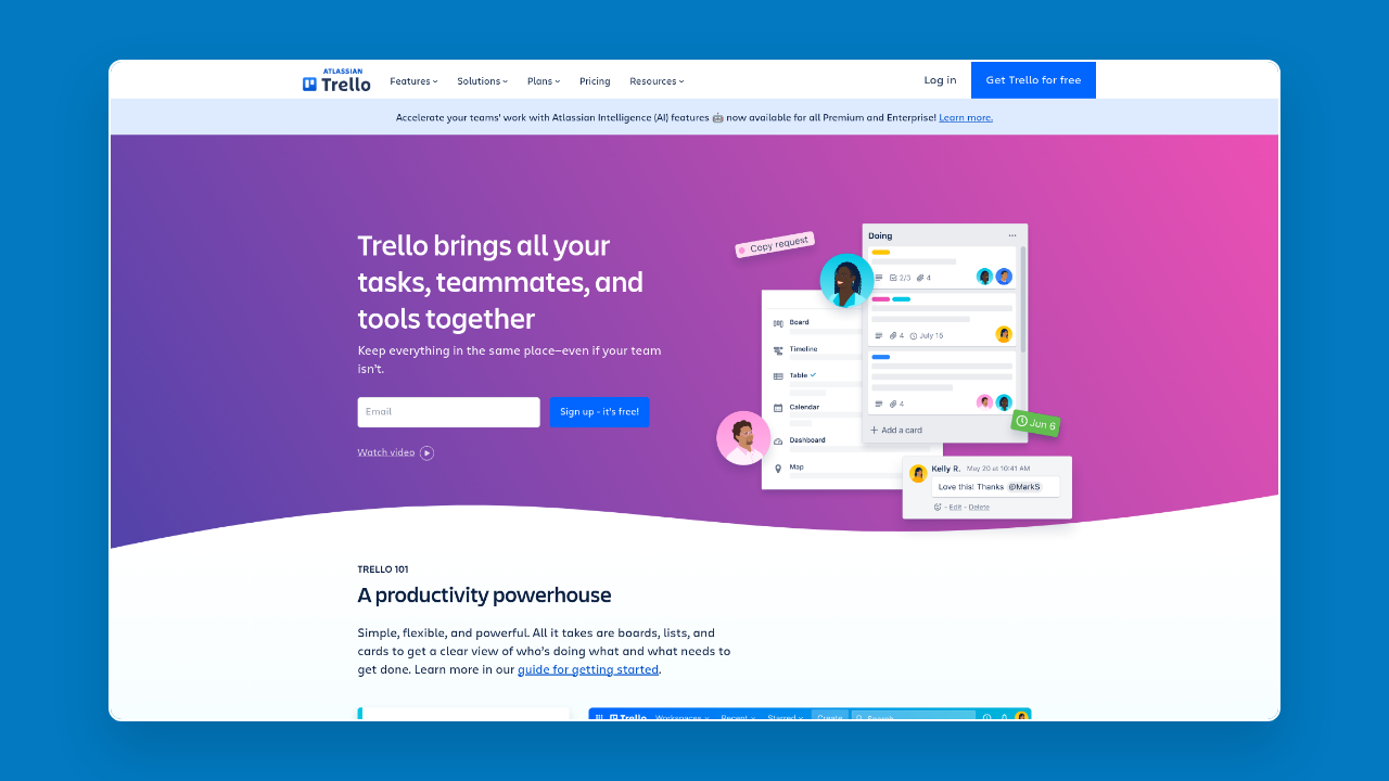 Homepage of Trello