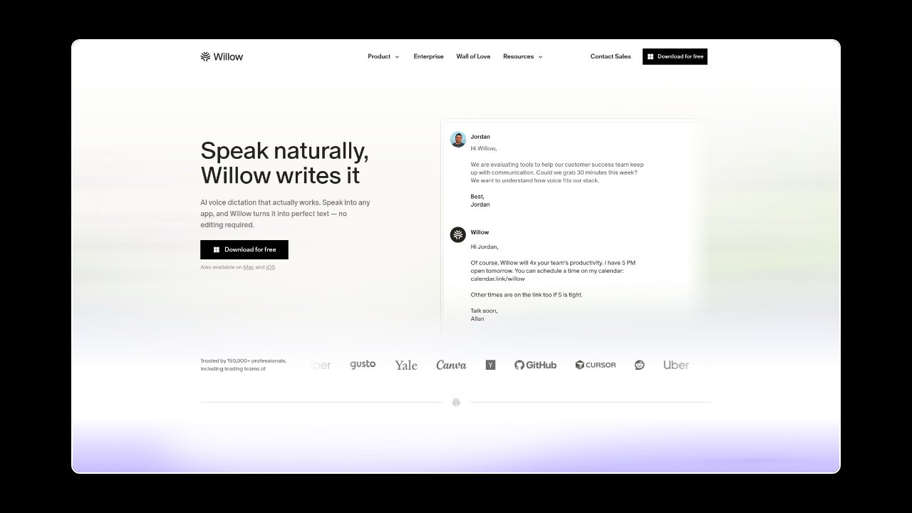 Homepage of Willow Voice