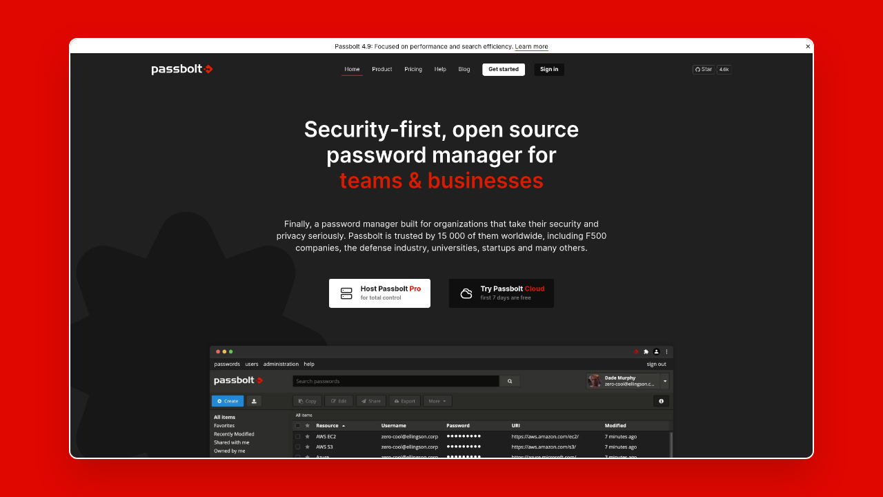 Homepage of Passbolt