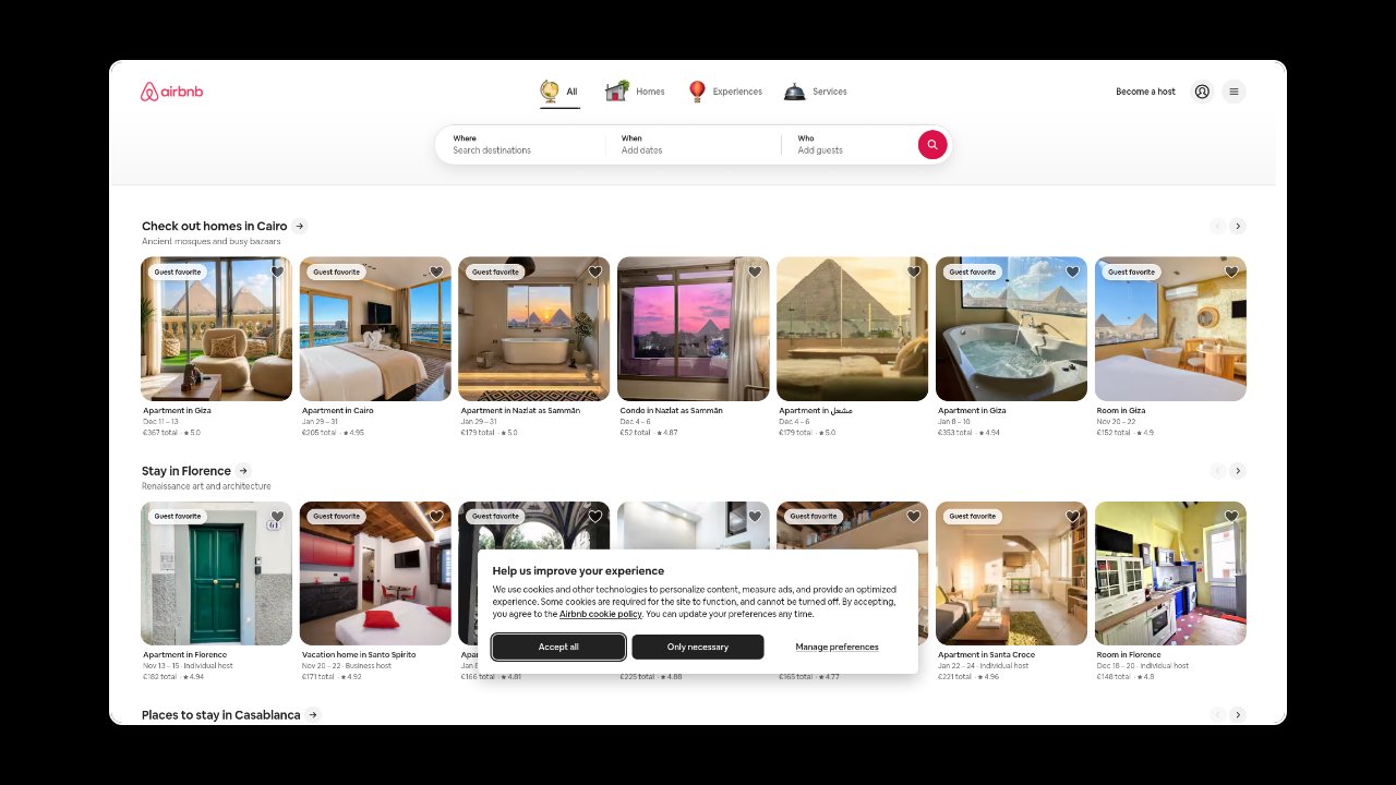 Homepage of Airbnb