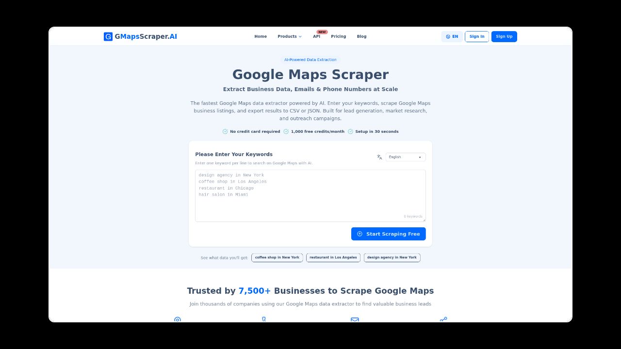Homepage of GMapsScraper.AI