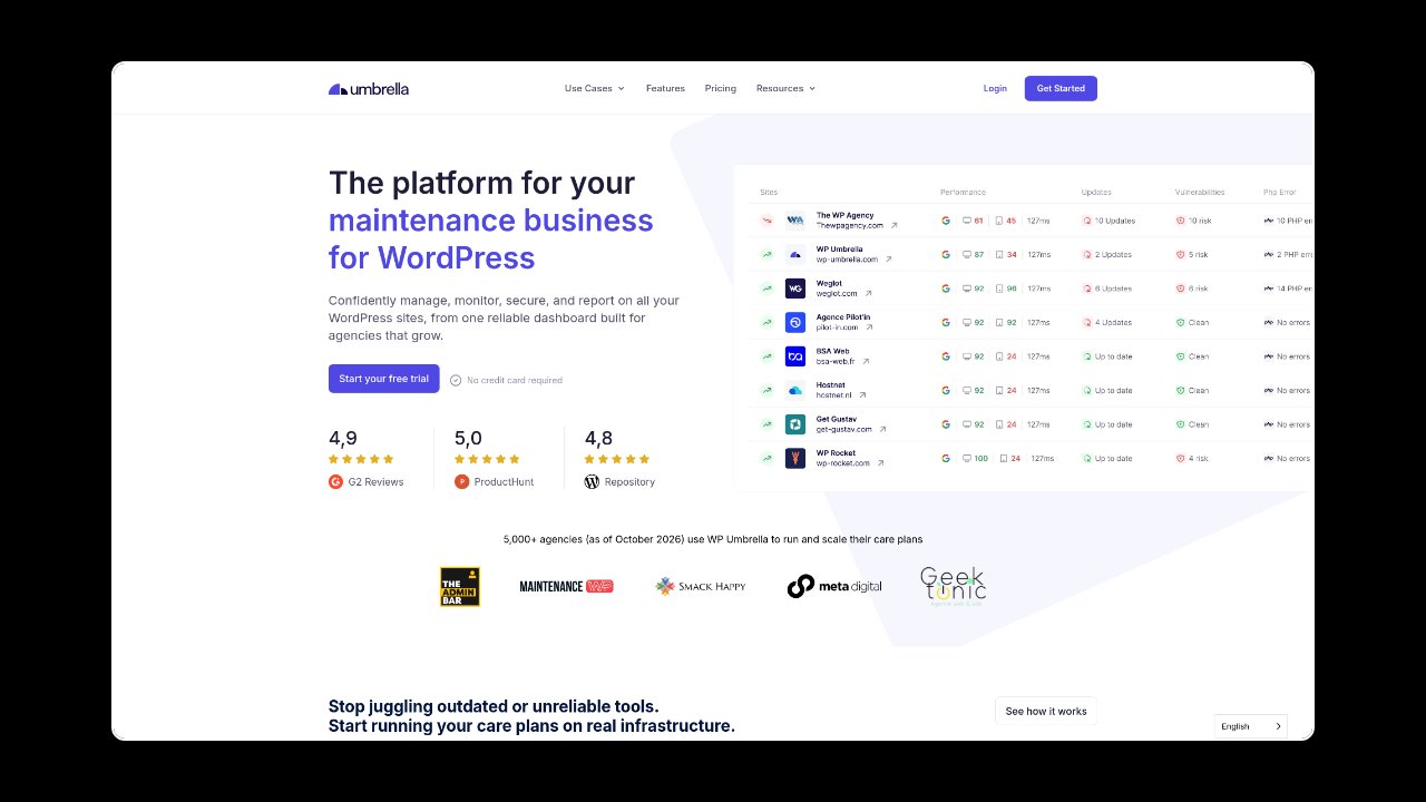 Homepage of WP Umbrella