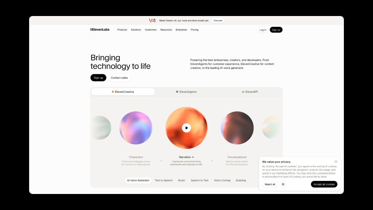 Homepage of ElevenLabs