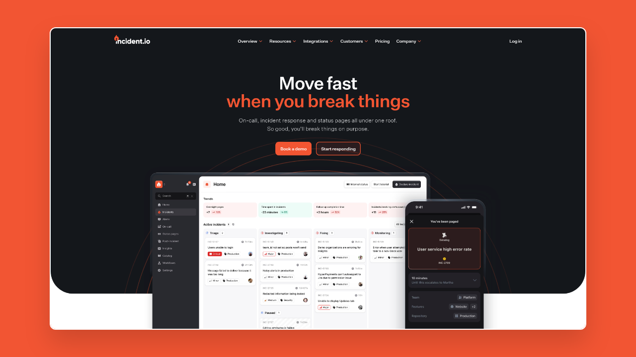 Homepage of incident.io