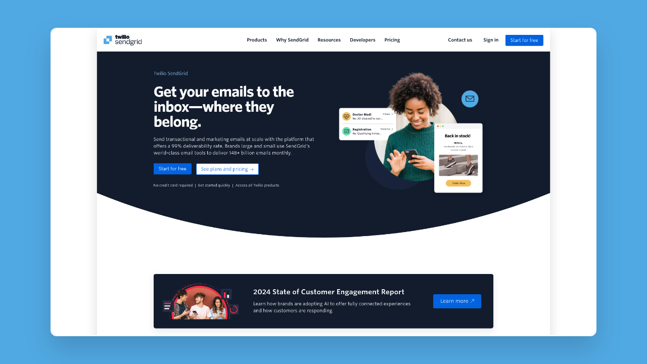 Homepage of SendGrid