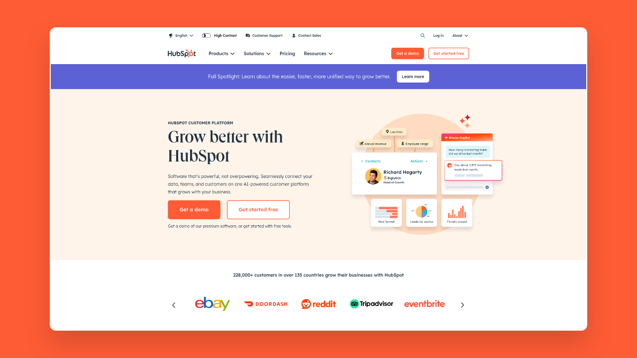 Homepage of HubSpot