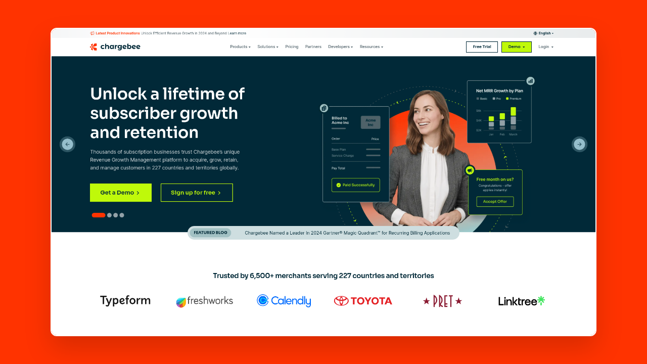 Homepage of Chargebee