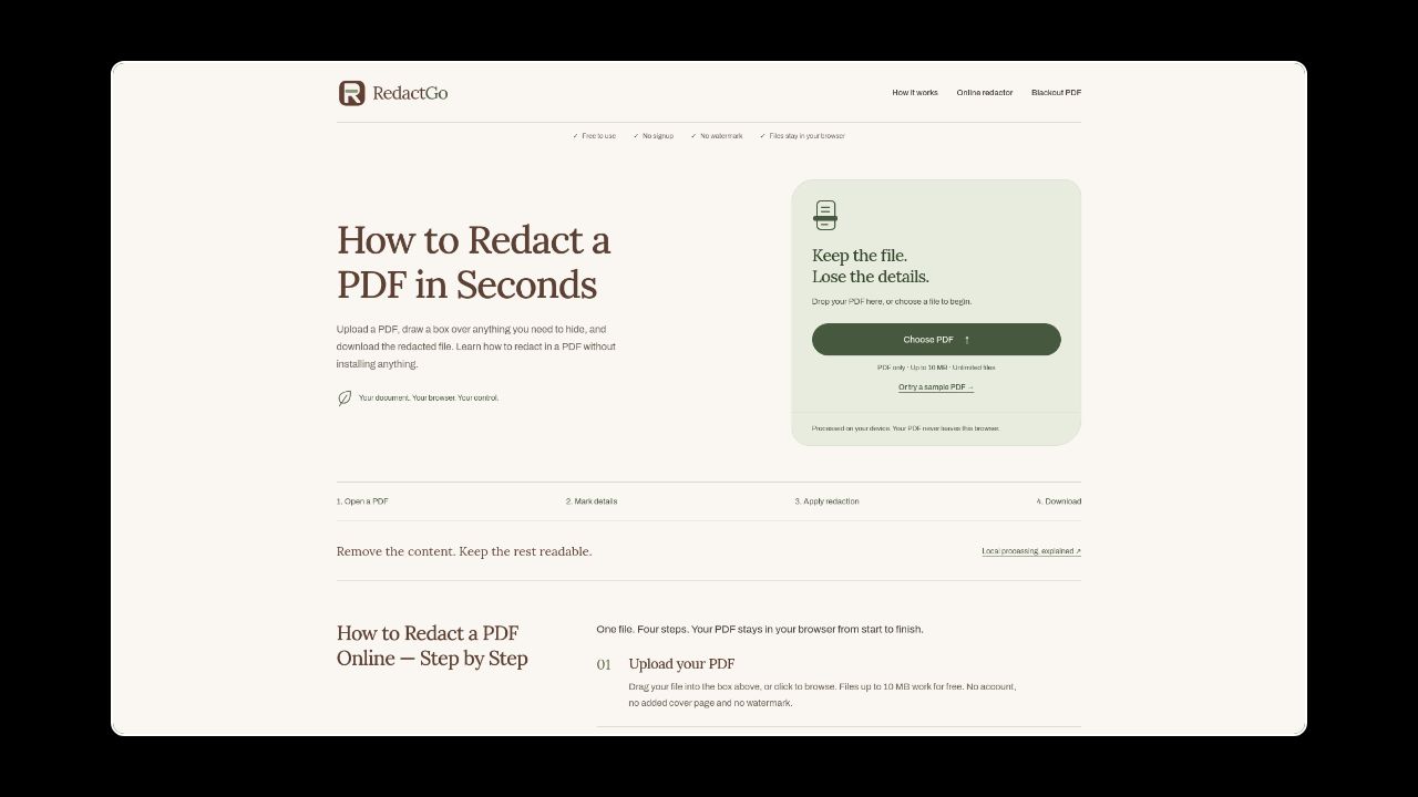 Homepage of RedactGo